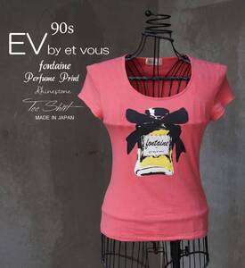 90s 日本製 エヴー EV by et vous ピンク コットン ラインストーン付き 香水プリント 半袖 Tシャツ S M相当