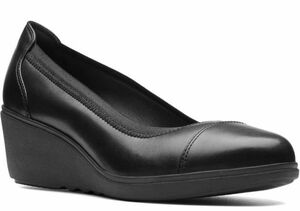 送料無料 Clarks 26cm ウエッジ パンプス ブラック レザー 革 キャップ ローファー フォーマル スニーカー オフィス ブーツ RRR1