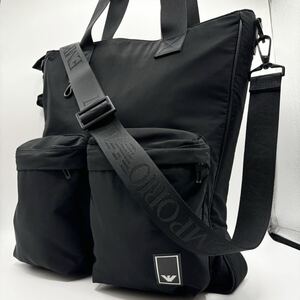 極美品/大容量● EMPORIO ARMANI エンポリオアルマーニ 2way ショルダーバッグ トートバッグ ビジネス 斜め掛け A4 PC◎ 黒 メンズ 大容量