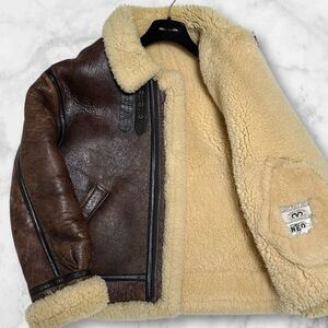 美品/L相当◎SHEARLING B-3 リアルムートン フライトジャケット ボンバー 最高級羊革 ラムレザー シープスキン 裏地ボア ブラウン 極暖