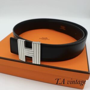 美品　HERMES エルメス　レザー　Hベルト　65 ブラック　ネイビー