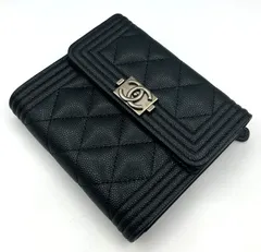 極美品 シャネル CHANEL キャビアスキン ボーイシャネル 三つ折り財布 スモールウォレット レディース ブラック