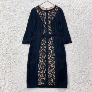 【美品】TADASHI SHOJI タダシショージ レース プリーツ ワンピース 4 M ブラック 黒 ボートネック 七分袖 バックジップ ドレス