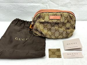 1円〜 GUCCI グッチ ポーチ バンブー 246175 525040 小物入れ 化粧ポーチ ベージュ×オレンジ GGキャンバス レザー バッグ 付属品 まとめて