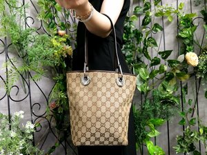 ●超美品●GUCCI グッチ●ロゴ金具●GGキャンバス カーフ レザー 本革●トート バッグ●ベージュ ブラウン●SV金具●イタリア製●Js47632