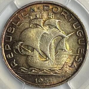 宝石の様な美しいトーニングが特徴！1951年ポルトガル銀貨 5エスクード船の図柄 PCGS MS65 アンティークコイン モダン トーン 虹色