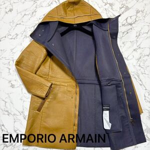 【最高級黒タグ/希少色キャメル/3L位】EMPORIO ARMANIエンポリオアルマーニ ラムレザーコート ロング ムートン 羊革 パーカー アウター 54