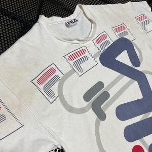 USA製 80s 90s FILA 半袖 プリントTシャツ シミ汚れ、両脇、首周り穴 全体的に汚れ（洗濯済み L サイズ ビンテージ vintage OLD レトロ