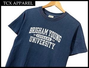 送料無 G② 古着 TCX APPAREL ティーシーエックス アパレル BRIGHAM YOUNG COUGARS UNIVERSITY カレッジ ロゴ プリント 半袖 Tシャツ S 紺