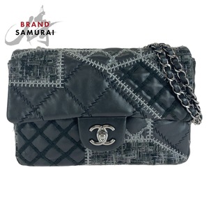 美品 CHANEL シャネル ワイルドステッチ パッチワーク ココマーク ブラック シルバー金具 ラムスキン/ツイード ショルダーバッグ 410984