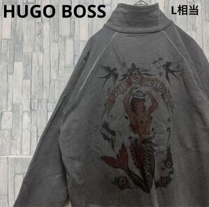 HUGO BOSS ヒューゴボス スウェット生地 ジャージ 上 トラックジャケット S デカロゴ 長袖 ダークグレー 人魚 燕 バラ 薔薇 花柄 フェード