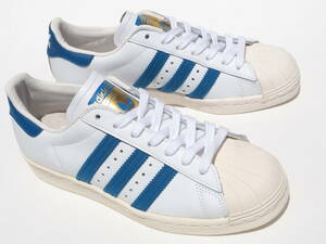 デッド!! 新品 16年製 22,5cm adidas SUPERSTAR 80s スーパースター 80s 白x青 天然皮革 レザー