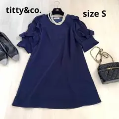 titty&co. 袖レースフリルワンピース　お呼ばれワンピース　ネイビー