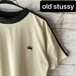 【希少 90s USA製】old stussy 2ラインストライプ 刺繍　半袖tシャツ 紺タグ　ストックロゴ　ステューシー　ビンテージ vintage shirt