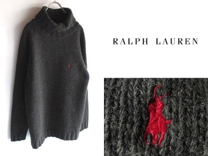 希少 ビンテージ Ralph Lauren ラルフローレン ロゴ刺繍 厚手 肉厚 タートルネックニット セーター チャコール USA企画