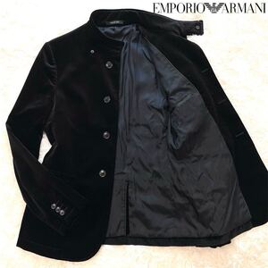 【極美品/Lサイズ】EMPORIO ARMANI エンポリオアルマーニ ステンカラーコート ジャケット GREEN LINE ベロア 別珍 光沢感 黒ブラック 48