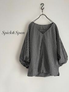 【送料230円】Spick&Span ギンガムチェックブラウス ブラック×ホワイト Vネック スピックアンドスパン