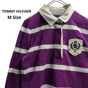 TommyHILFIGERボーダー七分袖ポロシャツ秋冬紫メンズM　a10