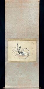  C042602N【真作】中島菜刀「蘭の鉢」掛軸 書 紙本 花図 植木鉢 日本画 日本美術 画家 島根の人