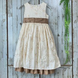 ☆KIKI KIDS キキ☆キッズ ドレス US7-8 120cm ベージュ ノースリーブ 装飾 刺繍 総柄 女の子用 ワンピース [送料無料☆匿名配送] t3538