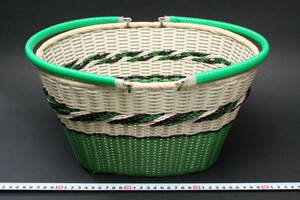 YF5001 新品(長期保管品) シバヤマ竹日の丸印 昭和レトロ ビニール網 バッグ 白 緑 かごバッグ ランドリーバッグ
