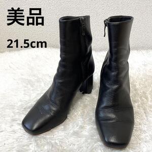 【人気】足元から出来る女性に ダイアナ ショートブーツ サイドジップ スクエアトゥ 黒　21.5cm　レザー　チャンキーヒール　太ヒール　