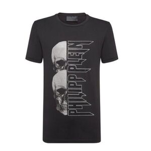 【CU】PHILIPP PLEIN フィリップ プレイン 半袖 Ｔシャツ MTK3036 ブラック【M】 ラインストーン スカル ロゴ ラウンド【新品・正規品】