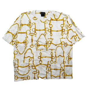 グッチ GUCCI カットソー Tシャツ 半袖 ビット チェーン プリント 総柄 コットン ゴールド ホワイト L レディース▲C9