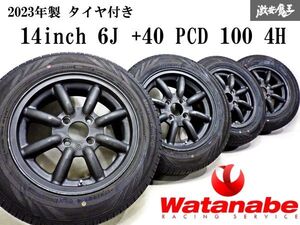 【 程度良好 23年製 バリ山タイヤ付き!! 】WATANABE ワタナベ F8F 14インチ 6J +40 PCD 100 4H ホイール 4本 シビック ロードスター 棚34D