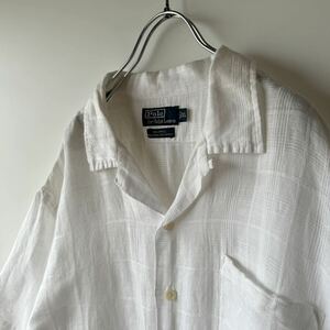 【1円スタート】POLO ポロ ラルフローレン CALDWELL 半袖 シャツ XL オープンカラー リネン コットン ホワイト 白 チェック アロハ 