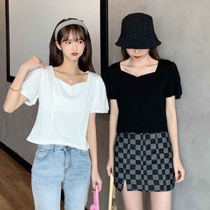 全2色 半袖Ｔシャツ ショート丈 切り替え スリム 着痩せ 【大きいサイズあり】 M ホワイト