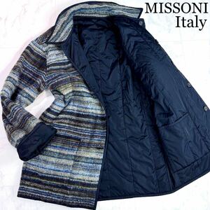 ほぼ未使用◆幻8way★定価45万!XL-XXL!!MISSONI【最高級モヘアウール】リバーシブルニットジャケット美色総柄ダウン伊製ミッソーニ青ブルー