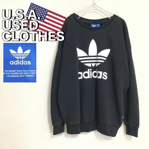 ★USA直輸入!!★BIGトレフォイル★正規品★【adidas アディダス】長袖 スウェットシャツ トレーナー[海外大きめ S]黒 人気 ダンス K2-340