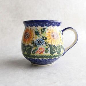 未使用品 ポーリッシュポタリー 青 ひまわり 花柄 マグカップ ポーランド陶器 食器