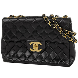 シャネル CHANEL デカ マトラッセ シングルフラップ チェーン ショルダーバッグ ココマーク Ｗチェーン レザー ブラック A04412【中古】