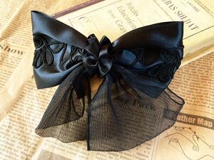 上品 フォーマル 黒 リボン バレッタ ヘアーアクセサリー レース シアー 刺繍 ブラック black formal ribbon valletta hair accessory G