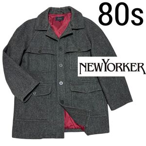 80s■ニューヨーカー■メルトン ダブルマッキーノ ハンティング ジャケット M グレー ワイン 水牛角ボタン コート NEWYORKER 日本製