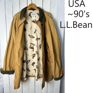 美品 ～90s USA製 L.L.Bean 動物柄ライナー ダック生地ハンティングジャケット XL～XXL オールド ヴィンテージ LLビーン カバーオール●147