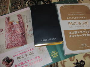 新品未開封 3点セット★PAUL＆JOE La Papeterie ネコ柄エコバッグ＆クリアケース★エスティーローダー ESTEE LAUDER 袋 ネイビー×ゴールド