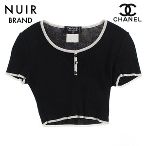 極美品 シャネル CHANEL ココボタン チビ丈 クロップド丈 リブ ニット 半袖Ｔシャツ 95P ブラック eit0418P4363