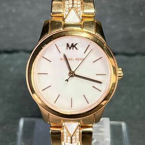 美品 MICHAEL KORS マイケルコース RUNWAY ランウェイ MK6674 腕時計 アナログ クオーツ ホワイト シェル文字盤 ピンクゴールド ステンレス