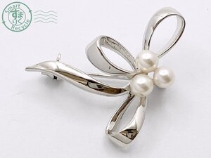 AL0605403　★ MIKIMOTO ミキモト ブローチ S 刻印 シルバー 3粒 パール 真珠 リボン モチーフ アクセサリー ジュエリー 服飾小物