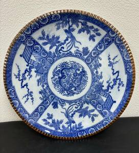  古伊万里　染付大皿　　梅孔雀　花図　約29ｃｍ　美術商より　★2032管理番号