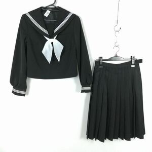 1円 セーラー服 スカート スカーフ 上下3点セット 冬物 白3本線 女子 学生服 中学 高校 黒 制服 中古 ランクC NA6718