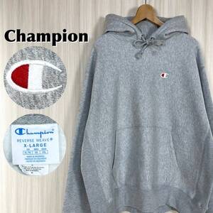 【希少アイテム】Champion チャンピオン 刺繍ロゴ 袖ロゴ リバースウィーブ 裏起毛 プルオーバー パーカー XL 霜降りグレー アメカジ 古着