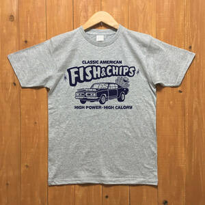 ■FISH & CHIPS Tシャツ■ XLサイズ（グレーxネイビー）アメリカ　アメ車　モパ－　MOPAR　PLYMOUTH BARRACUDA 　ハンバ－ガ－　ポテト