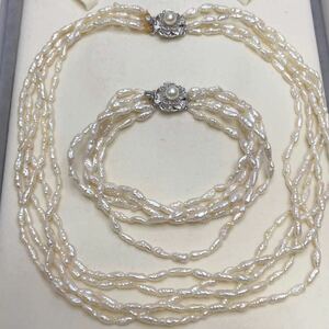 本真珠 5連 ネックレス&ブレスレット 2点まとめて おまとめ売りpearl jewelry 淡水パール 留め具 アコヤ真珠付き SILVER刻印