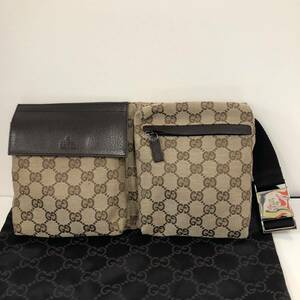 美品☆GUCCI グッチ GGキャンバス ボディバッグ ウエストバッグ ベージュ系 レザー メンズ 28566 002058