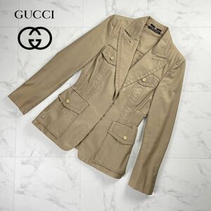 美品 GUCCI グッチ ウエストシャーリングテーラードコットンジャケット ゴールドボタン 背抜き レディース 茶色 ブラウン サイズ40*MC701