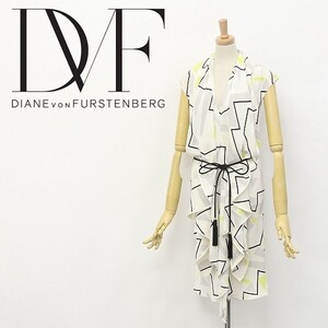 ◆DIANE von FURSTENBERG/ダイアンフォンファステンバーグ DAMIANA シルク100％ 総柄 タッセルベルト付 フレンチスリーブ ワンピース 0